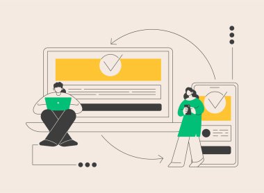 Soyut konsept vektör illüstrasyonunu senkronize eden çapraz cihaz. Tüm aygıt senkronizasyonu, yazılım test işlemi, çapraz aygıt senkronizasyonu, web sitesi mobil ve masaüstü sürümleri soyut metafor.
