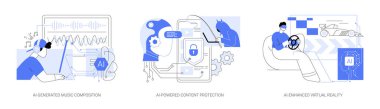 Eğlence endüstrisi soyut konsept vektör illüstrasyon seti için yapay zeka. AI-Üretilmiş Müzik Bileşimi, El-Güç İçerik Koruması, Korsanlığı Önleme, Geliştirilmiş Sanal Gerçeklik.