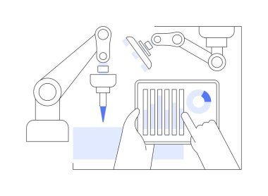Endüstriyel robotik karikatür vektör çizimlerini izole etti. Genç usta öğrenci, araç otomasyonunu tablet kullanarak kontrol ediyor, endüstriyel robotlarla çalışıyor, gerçek zamanlı olarak vektör karikatürünü izliyor..