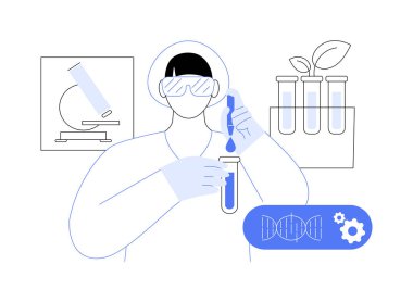 Biyomühendislik karikatür vektör çizimleri. Tıp bilimi, biyomühendislik deneyi bilimsel laboratuvarda, teşhis ekipmanları, üniversite vektör karikatüründe araştırma yapmak.