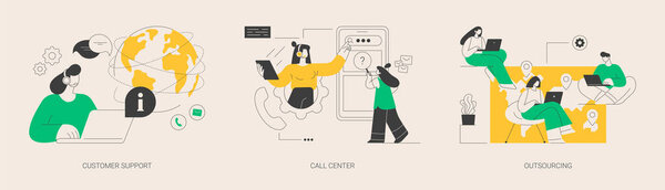 Телефон доверия покупателя абстрактный набор векторных иллюстраций концепции. Поддержка клиентов, колл-центр, аутсорсинг, оффшорная разработка программного обеспечения, фриланс, онлайн-чат, телемаркетинг и метафора.