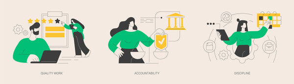 Набор абстрактных векторных иллюстраций производительности сотрудников. Качественная работа, подотчетность и дисциплина, опытный работник, руководящая роль, юридическая ответственность, действия и решения абстрактная метафора.
