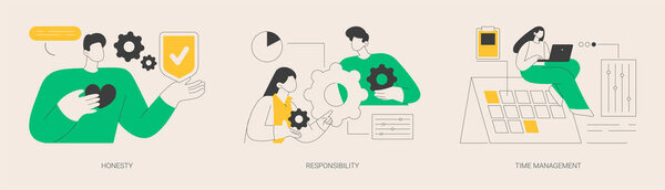 Управление позицией Абстрактный набор векторных иллюстраций концепции. Честность и ответственность, управление временем, эффективное планирование, производительность труда, корпоративная ценность, контроль абстрактной метафоры.