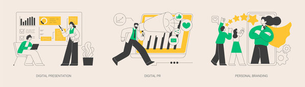 Репутационное управление абстрактным набором векторных иллюстраций концепции. Цифровая презентация, PR-стратегия, персональный брендинг, узнаваемость бренда, онлайн-встречи, цифровая маркетинговая кампания и метафора.