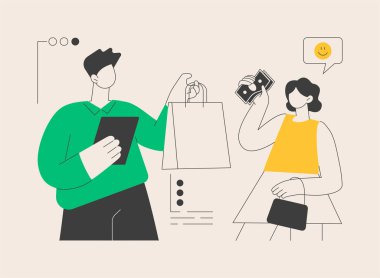 Soyut konsept vektör illüstrasyonu satışı ile yüz yüze. Perakende mağazası, mutlu müşteri, tüketici servisi, kişisel indirim, satış stratejisi, ürün alıp satma, marka başarısı soyut metaforu.