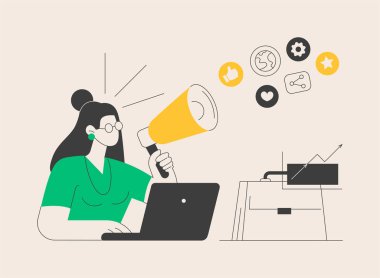 Soyut konsept vektör illüstrasyonunu tanıt. İşinizi tanıtın, girişiminizi tanıtın, ürün dijital pazarlama, girişimci kendi kendini tanıtma stratejisi soyut metafor.