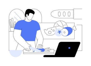 Yeni tarif izole edilmiş çizgi film çizimleri dene. Genç adam internetten yemek tarifi pişiriyor ve izliyor, video dersleri hazırlıyor, mutfak aletleri, masa başı çizgi filminde dizüstü bilgisayar kullanıyor..