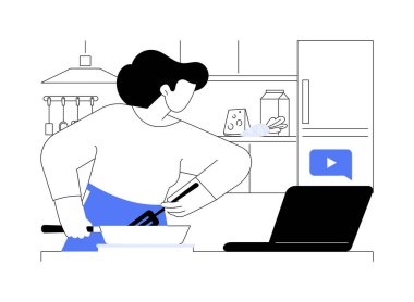 Çevrimiçi izole edilmiş çizgi film çizimleri yapmayı öğren. Online mutfak blogu seyreden bir kadın, evde video dersleriyle yemek pişirmeyi, mutfak aletlerini ve vektör karikatürü etrafında yemek pişirmeyi öğreniyor..