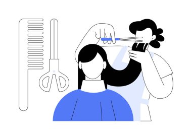 Salon saç kesimi karikatür vektör çizimleri. Genç kız kuaförde saç kesiyor, insanların yaşam tarzı, dış görünüş bakımı, vücut bakımı, makas vektör karikatürü tutuyor..