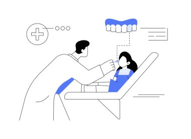 İlk ortodontist soyut konsept vektör illüstrasyonunu ziyaret etti. Enstrümanlı diş hekimi çocukların dişlerini, dişlerini, dişlerini, dişlerini, diş hekimliği sektörünü, ağız sağlığını, soyut metaforları inceleyecek..