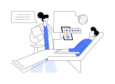 Yetişkin diş teli, soyut konsept vektör illüstrasyonunu destekler. Yetişkin hasta ortodontist, diş sağlığı, ağız sağlığı, parantez kurulumu için hazırlık, soyut metafora danışmanlık.