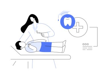 Diş muayenesi soyut konsept vektör çizimi. Okul dişçisinin aletleri öğrenciyi, sağlık sektörünü, ağız tıbbını, okul soyut metaforunda pediatrik stomatolojiyi inceler..