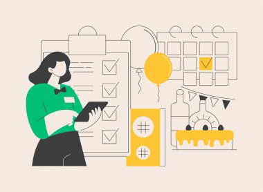 Olay yönetimi soyut konsept vektör çizimi. Kurumsal parti planlama servisi, etkinlik yönetimi yazılımı, toplantı organizatörü, yapım şirketi, mekan tasarımı, program soyut metaforu.