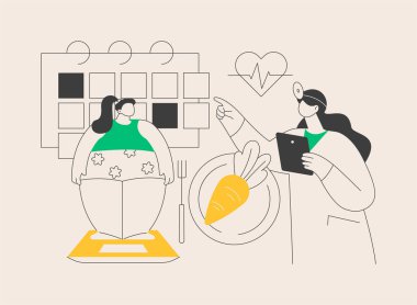 Çocukların kilo verme programı soyut konsept vektör çizimi. Çocukların beslenme planı, güvenli diyet, kilo kaybı yönetimi, bireysel diyet programı, çocukların obezite problemi soyut metafor.