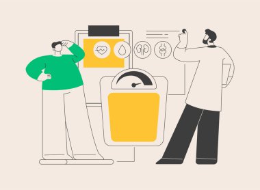 Obezite sağlık problemi soyut konsept vektör çizimi. Obezite ana nedenleri, aşırı kilolu tedavi, obez insanlar, fast food, vücut yağı, düşük günlük faaliyet, kötü şekilli soyut metafor.