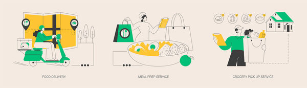 Quarantine food essentials supply abstract concept vector illustration set. Food delivery, meal prep service, grocery pick up service, product shipping during coronavirus pandemic abstract metaphor.