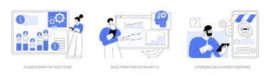 Satıştaki Yapay Zeka soyut konsept vektör çizimi seti. Satış Ekipleri için Al-Lead Puanı, Satış Eğilimi Tahminleri Yapay Zeka, El-Güç Satış Chatbot Yardımı soyut metaforu.