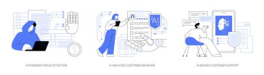 Sigorta şirketindeki yapay zeka soyut konsept vektör çizimi seti. AI-Güçlü Dolandırıcılık Tespit, El-Analiz Edilen Müşteri Davranışı, Sohbet Robotları Özgün Metaforlu El-Destekli Müşteri Desteği.