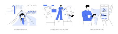 Motorsport şampiyonası soyut konsept vektör çizimi seti. Yarış arabasının bitiş çizgisini geçmesi, yarış zaferini kutlaması, podyumda şampanyayla yarışması, motor sporunun soyut metaforu..