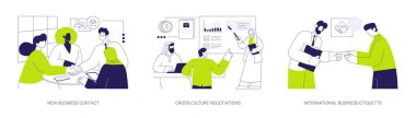 Konsept konsept vektör illüstrasyonunda iş toplantısı ayarlandı. Yeni iş bağlantıları, kültürler arası görüşmeler, uluslararası iş adabı, ortaklık fikri soyut metafor.