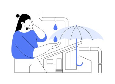 Emlak sigortası davası karikatür vektör çizimlerini izole etti. Akıllı telefondan konuşan üzgün bir kadın. Mülk sigortası, yasal hizmet, ev hasarı vektör karikatürü iddiasında bulunuyor..