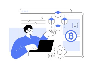 Kripto para aktarımı izole edilmiş karikatür vektör çizimleri. Ekrandaki kripto para işlem süreci, engelleme teknolojisi, para yatırımı, finansal okur yazarlık vektörü karikatürü.