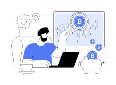 Kripto para koruma fonu karikatür vektör çizimlerini izole etti. Dizüstü bilgisayarı olan adam kripto koruma fonu, engelleme teknolojisi, para yatırımı, finansal okur yazarlık vektör karikatürü ile ilgileniyor..