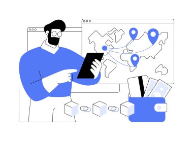 Sınır ötesi ödemeler karikatür vektör çizimlerini izole etti. Akıllı telefon tutan adam, farklı ülkeler arasında ödemeler yapıyor, engelleme teknolojisi, çevrimiçi işlem vektörü karikatürü.