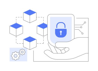 Bloke zincir siber güvenlik karikatür vektör çizimleri. İşlemsel veri güvenliği, engelleme siber güvenlik endüstrisi, dağıtılmış defter teknolojisi, şifrelenmiş dosya vektör karikatürü.