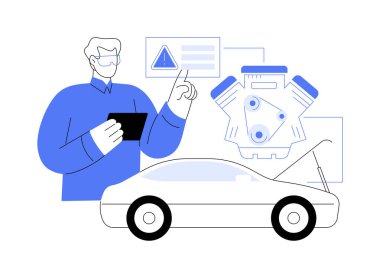 Onarım ve bakımdaki AR, karikatür vektör çizimleri. Kullanışlı bilgi sağlayan VR aygıtları, potansiyel düzeltmeleri önerir ve potansiyel sorunlu alanlar vektör karikatürüne işaret eder.