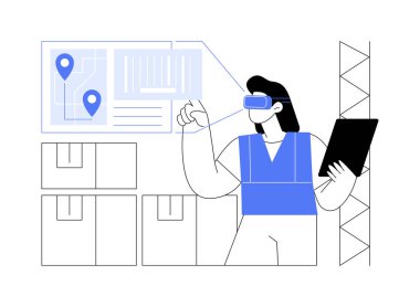 İş lojistiğinde AR karikatür vektör çizimlerini izole etti. Depolarda AR gözlükleri, lensler işçilere bir nesnenin yerini belirlemek için rotayı, nakliye vektör karikatürü için malları gösterir.