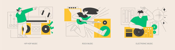 Музыка предпочтение абстрактных концепт-векторных иллюстраций набор. Хип-хоп музыка, рок и электроника, вечеринка в ночном клубе, фестиваль под открытым небом, рейв-культура, ди-джей сет, выступление онлайн и метафора.