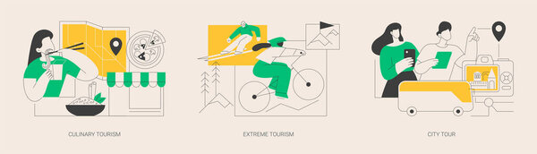Аутентичный опыт путешествия абстрактный набор векторных иллюстраций концепции. Кулинарный туризм, экстремальные виды спорта, экскурсии по городу, местная кухня, фестиваль еды, восхождение в горы, осмотр достопримечательностей..