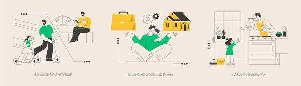 Happy family abstract concept vector illustration set. Balancing father time, work and family balance, dads and housework, time together, chores at home, time management abstract metaphor.