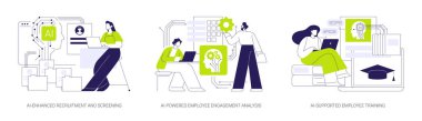 İnsan Kaynakları 'ndaki yapay zeka soyut konsept vektör çizimi seti. AI-Geliştirilmiş İşe Alma ve Tarama, El-Güç Çalışan Bağlantı Analizi, El-Destekli Çalışan Eğitimi Soyut Benzetme.