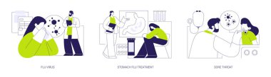 Common patient complaints abstract concept vector illustration set. Flu virus, stomach flu treatment, sore throat, runny nose, family doctors appointment, primary care physician abstract metaphor.
