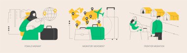 İnsan göçü soyut konsept vektör çizimi seti. Kadın göçmen, göç hareketi, sınır göç hizmetleri, uluslararası evlilik, pasaport ve belgeler, soyut kriz metaforu.