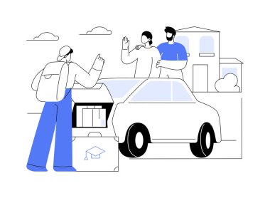 Kolej karikatür çizimleri için toplanıyorum. Okul mezunu, kampüsten ayrılan kutularla ailelere veda et, eşyaları arabaya yükle, kabul süreci vektör karikatürü..