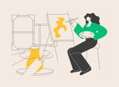 Sanat stüdyosu soyut konsept vektör çizimi. Yetişkinler ve çocuklar için resim dersi, güzel sanatlar dersi, modern galeri, çömlek atölyesi, yaratıcı alan, stüdyo soyut metafor çizimi..