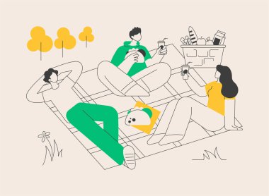 Yaz pikniği soyut konsept vektör çizimi. Yaz tatili aktiviteleri, boş zaman harcamaları, yemek malzemeleri, piknik sepeti, dışarıda aile yemekleri, park, abur cubur fikri soyut metafor..