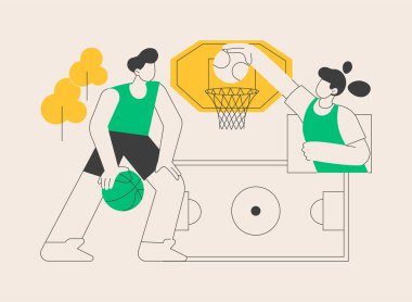 Basketbol kampı soyut konsept vektör çizimi. Basketbol eğitimi, çocuklar için spor programı, gençlik yaz tatili, çocuklar için spor akademisi, aktif tatil fikri, gündüz kampı soyut metaforu.