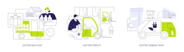 Industrial electric vehicles abstract concept vector illustration set. Battery electric milk float vehicle, forklift charging in the warehouse, modern sustainable garbage truck abstract metaphor.