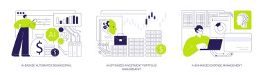 Finansal yönetim için Yapay Zeka soyut konsept vektör çizimi seti. AI Yedeklenmiş Otomatik Muhasebe, Yatırım Portföyü Yönetimi, Masraflar Yönetimi soyut metaforu.