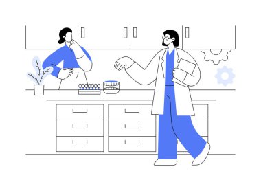 Diş teknisyeni labaratuvarı soyut konsept vektör çizimi. Diş teknisyenleri laboratuvarda, ağız tıbbında, protodontik endüstrisinde ve soyut metaforda taçlar ve köprüler yapıyor..