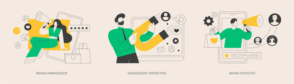 Интернет-маркетинг абстрактный концепт векторной иллюстрации набор. Защитник бренда и посол, вовлечение маркетинга, представитель бренда, торговая марка, Smm маркетинговой стратегии, осведомленность абстрактной метафоры.