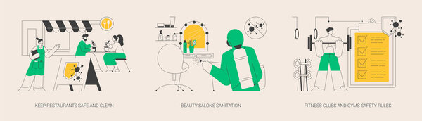 Business safety rules abstract concept vector illustration set. Keep restaurants safe and clean, beauty salons sanitation, fitness clubs and gyms safety rules, sanitation practices abstract metaphor.