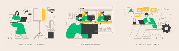 Набор абстрактных векторных иллюстраций службы вещания. Профессиональное программное обеспечение Live Ream, работа администратора учетных записей, онлайн менеджер потока событий, монетизация производства абстрактная метафора.