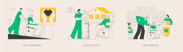 Социальная работа абстрактная концепция векторного набора иллюстраций. Социальная помощь и оснащение, социальное обеспечение, уход на дому, поддержка по уходу за больными, помощь волонтеров, абстрактная метафора медицинского центра.