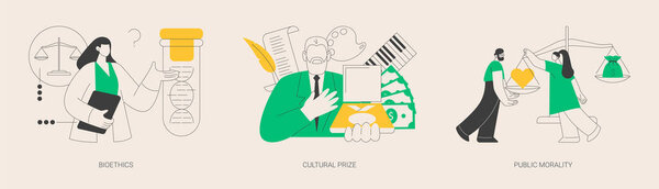 Набор абстрактных векторных иллюстраций к культуре и этике. Биоэтика и генетическая биотехнология, культурная премия, общественная мораль и этические стандарты, лауреат Нобелевской премии, абстрактная метафора биологии.