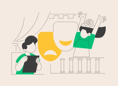 Tiyatro kampı soyut konsept vektör çizimi. Çocuklar için tiyatro eğitimi, yaz kampı, tatil oyunculuk programı, genç aktör kursu, çocuk okulu performansı metaforu.